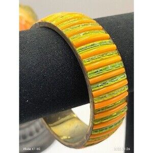 Vintage Strips of Crystal Green Acrylic Orange Brass Bangle Bracelet